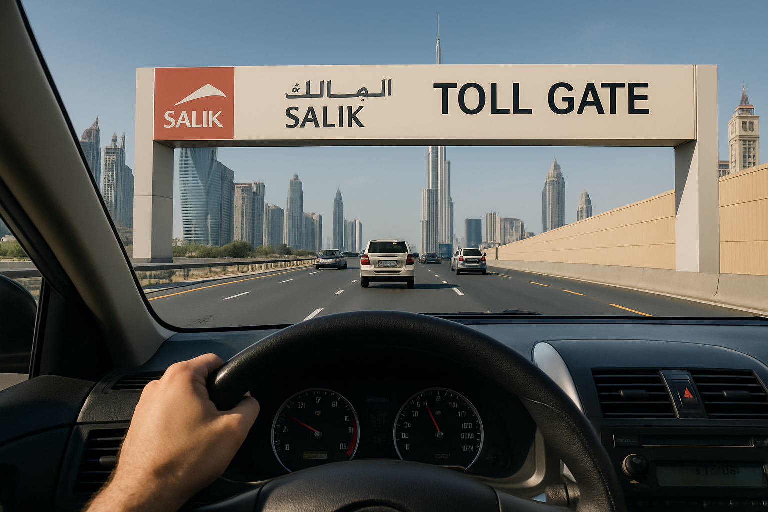 Driver passing through a Dubai toll road